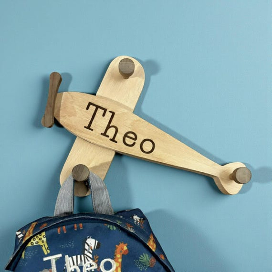 Personalised Kids Coat Hook | Custom Engraved Airplane Wall Hanger | Nursery Decor 0
