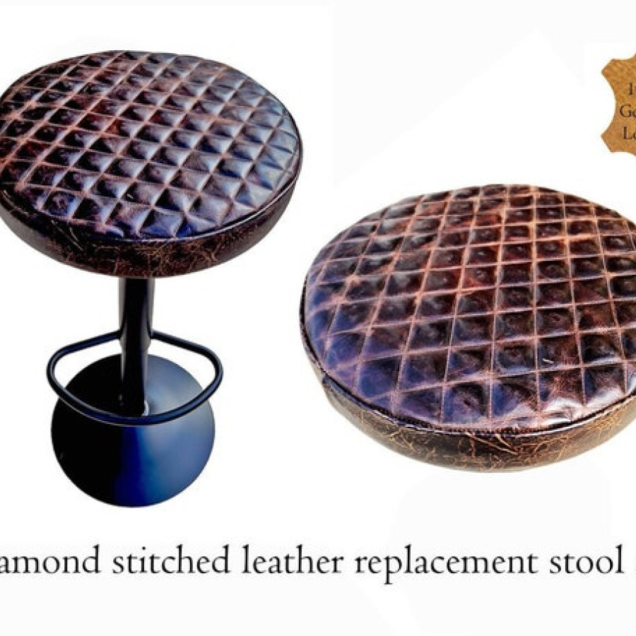 Black Diamond Stitch Genuine Leather Replacement Seat | Handmade Round Stool Replacement Top | 11