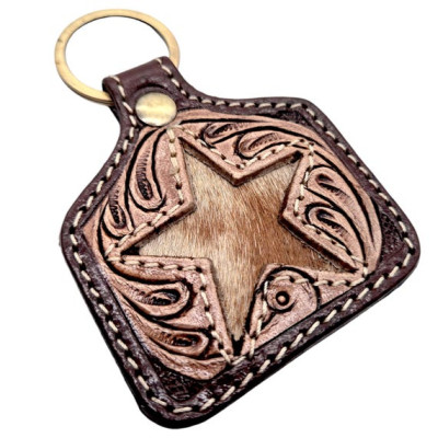 Genuine cowhide & tooled leather key chain - in 2 styles - Cattle tag or Heart shape - key ring