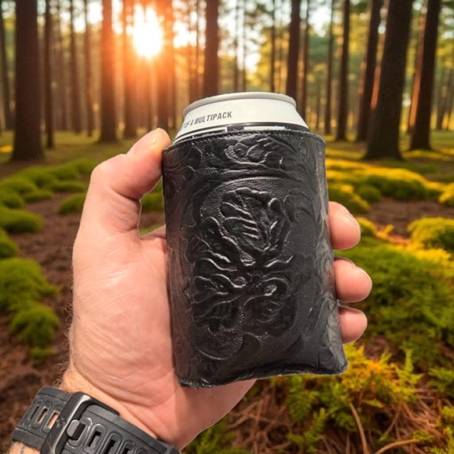 Genuine leather tooled beer can cooler | Drinks Coozie | Groomsman Gift